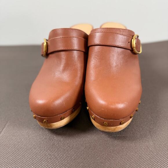 Veronica Beard Hendrix Clogs Brown Leather Chunky Platform Wooden Heel Size 7.5M - Picture 10 of 13